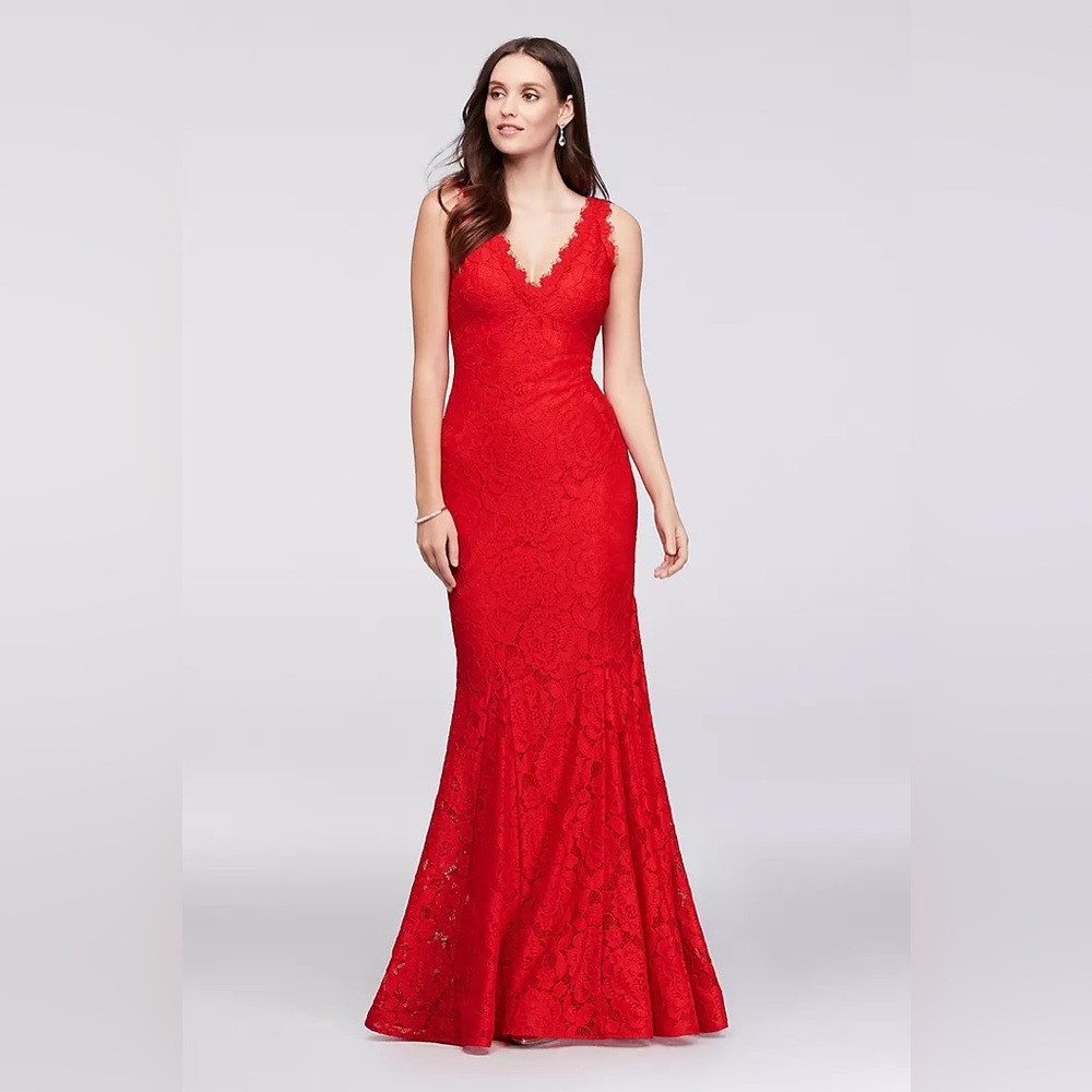 Betsy & Adam Red All Over Lace V-Neck Mermaid Gown Eyelash Trim (Size 2)